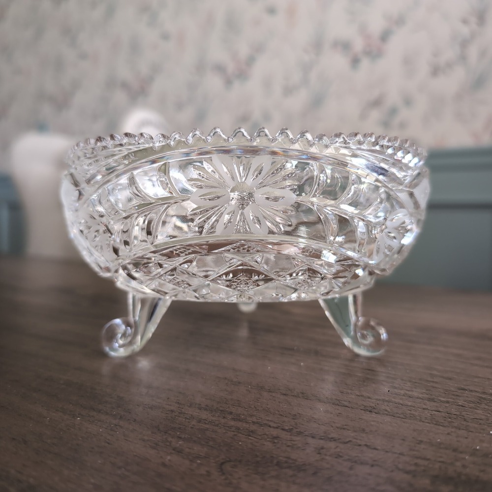 Vintage Anna‎ Hutte Lead Crystal 3 Footed Dish Candy Pinwheel Starburst Germany